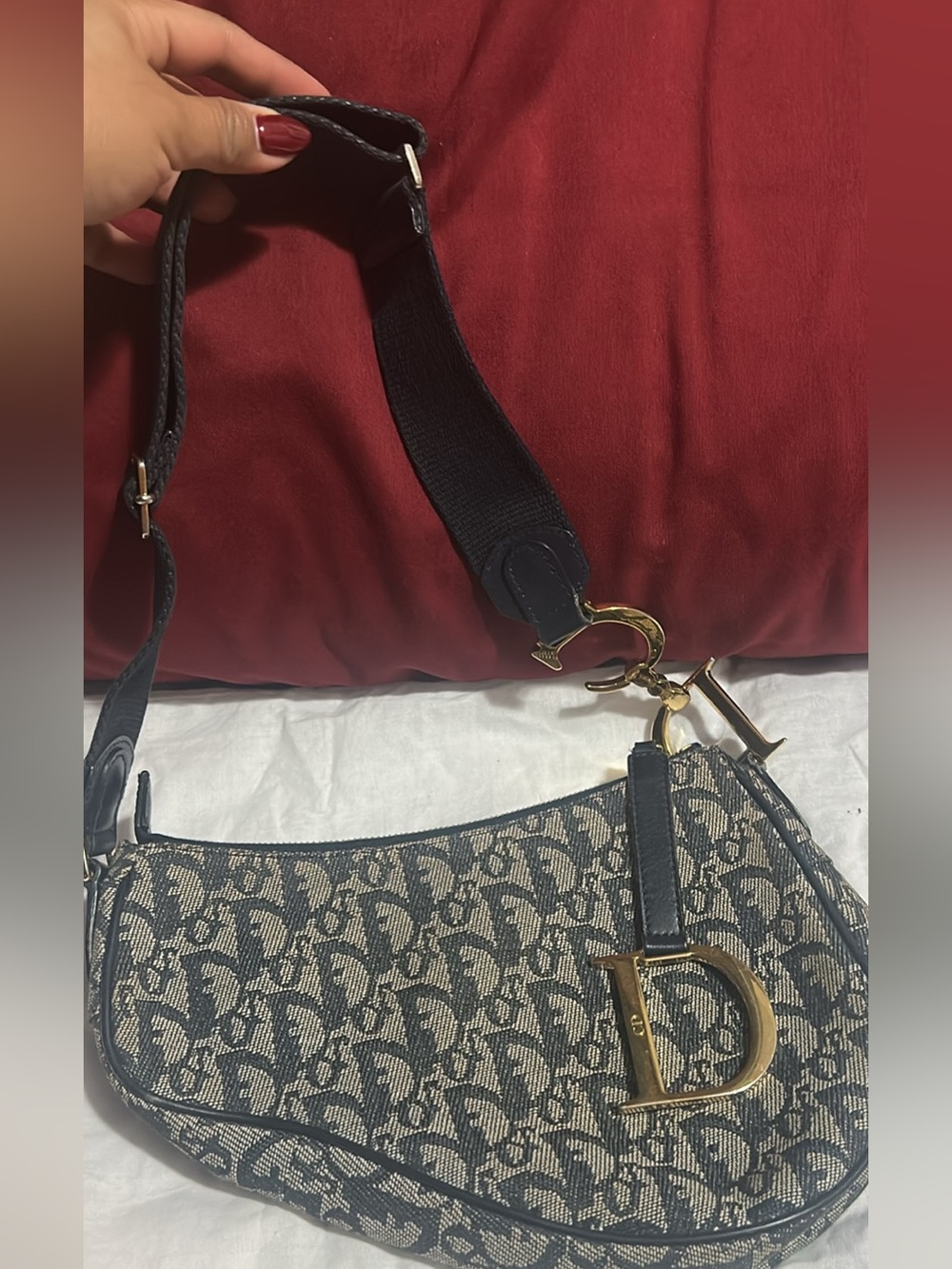 Dior Navy and Cream Oblique Jacquard Saddle Bag with Gold 'D' Charm